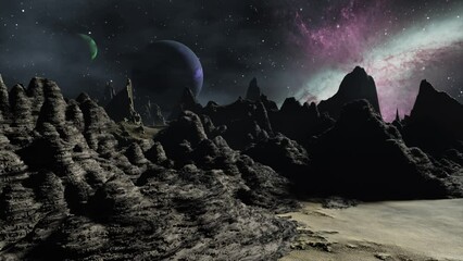 Wall Mural - Alien planet dramatic landscape dolly camera movement 3D render.