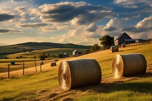Scenic Landscape Of Hay Bales On Hills With An Amish Farmhouse In The Background. Generative AI
