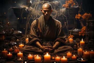 Shaolin monk in deep meditation, surrounded by candles and incense, evoking a sense of spiritual peace, Generative AI