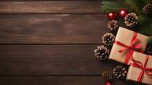 Christmas Decoration On Wooden Background. Generated By Ai