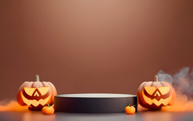 Wall Mural - Halloween minimal scene 3d with smoke and podium platform. Halloween background vector 3d rendering with pumpkin podium. stand to show products. Happy halloween concept.