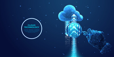 Aufkleber - Abstract hand with magnifying glass and digital cloud, arrows up and down. Data analysis concept. Cloud computing technology. Low poly wireframe vector illustration in futuristic hologram blue style.