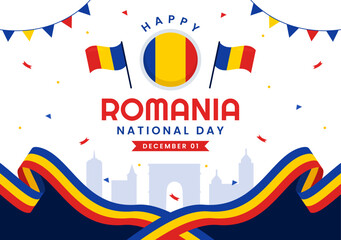 Romania National Day Vector Illustration on 1st December with Waving Flag Background in Romanian Great Union Memorial holiday Flat Cartoon Design