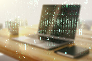 Poster - Double exposure of abstract creative programming illustration with world map and modern desk with computer on background, big data and blockchain concept