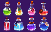 Potion Bottles. Magic Alchemist Elixirs, Different Forms Vials, Various Colors Liquid. Game Interface Objects, Fantasy Jar With Luck And Love, Glass Jars, Gui Design Elements Tidy Vector Set
