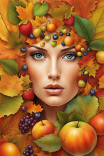 Portrait Of A Woman Surrounded By Fall Leaves , Vegetation And Fruits, Autumnal Period Mental Status