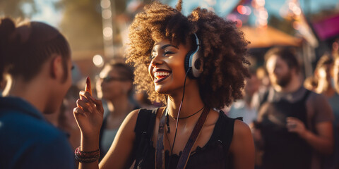 photorealistic image of a young African American girl at a festival. smiling dark skin girl laughing and fun