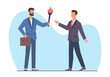 Senior businessman passes baton to his young successor. New employee or junior in workplace, mentorship and coach. Work mentoring and training. Employees education. Cartoon flat vector concept