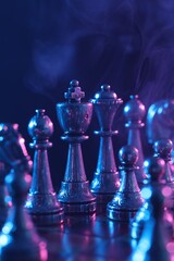 Wall Mural - Chess pieces on checkerboard in color light, selective focus