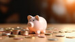 Piggy bank and coins for saving money with business stuff, Business and finance concept