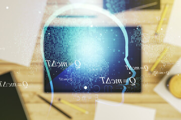 Poster - Creative artificial Intelligence concept with human head sketch and modern digital tablet on desktop on background, top view. Double exposure