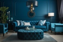 Stylishly arranged, luxurious blue-themed living room decor showcasing interior design expertise. Generative AI