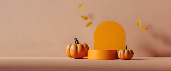 Wall Mural - Halloween Orange Podium display with pumpkin and autumn leaf. Beauty product promotion. Fall pedestal with natural shadow. Halloween showcase. Abstract minimal 3D render mockup