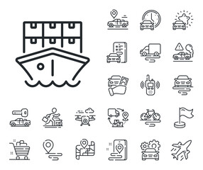 Poster - Logistic ship service sign. Plane, supply chain and place location outline icons. Shipment line icon. Delivery freight boxes symbol. Shipment line sign. Taxi transport, rent a bike icon. Vector