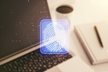 Poster - Abstract creative fingerprint concept on modern laptop background. Multiexposure