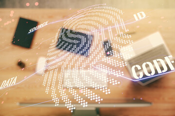 Poster - Abstract creative fingerprint concept on modern laptop background. Multiexposure