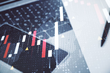 Poster - Multi exposure of abstract financial graph with world map on modern computer background, financial and trading concept