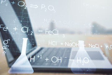Poster - Double exposure of creative chemistry concept on laptop background, research and development concept