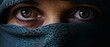 Close up portrait of old black Woman muslim in blue burqa with hidden face. female face covered. Oriental girl in a burqa. Straight look, expressive eyes, close-up portrait. Generative ai