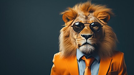 A lion in an orange suit and sunglasses on a blue background, created with Generative Ai technology.