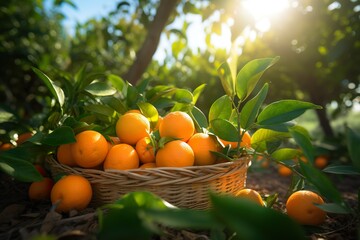 Photorealism of close up of fresh Oranges in basket in field green plants with Orange trees background