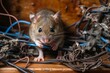 Damage from rodent infestation: gnawed wires. Keywords: mice, wires, damage, rodents, infestation, pest control, gnawing. Generative AI