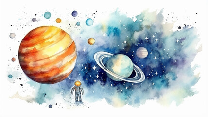 Wall Mural - planets in space on a white background, watercolor drawing for children primitive minimalistic poste