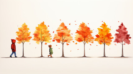 watercolor autumn yellow trees on a white background, a row of autumn trees simple illustration