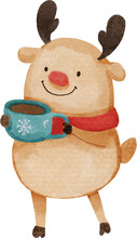 Reindeer With Winter Costume Hold A Cup Of Coffee . Christmas Concept . Watercolor Paint Cartoon Characters . PNG .