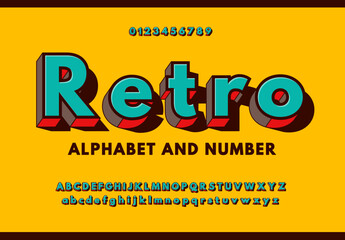 Fototapete - Colorful retro 3D sans serif alphabet. Retro font 90's, 80's with letters and numbers. Vector Illustration.