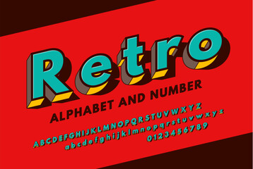 Colorful retro 3D sans serif alphabet. Retro font 90's, 80's with letters and numbers. Vector Illustration.