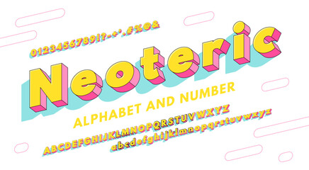 Fototapete - Bright neoteric 3D sans serif alphabet. Colorful Retro font 90's, 80's with letters, symbols and numbers. Vector Illustration.
