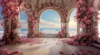 View of the sea from the castle archway decorated with pink flowers
