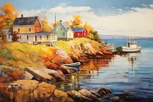 Canvas Oil Painting Depicting Charming Coastal Houses. Generative AI