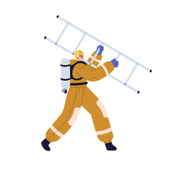 Firefighter carrying ladder. Fire fighter, fireman going, holding steps, firefighting equipment. Emergency service worker in uniform hurrying. Flat vector illustration isolated on white background