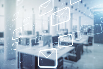 Poster - Abstract virtual postal envelopes illustration on a modern furnished office background. Email and communications concept. Multiexposure