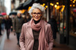 Photo of a stylish woman with grey hair and sunglasses walking down a vibrant city street