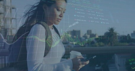 Poster - Animation of data processing over biracial woman using smartphone