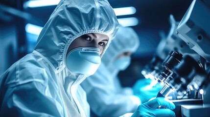 Poster - Researcher in a protective mask working in a laboratory of a research institute, Medical research and development concept.