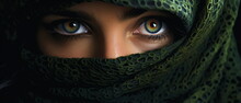 Close Up Portrait Of Young Woman Muslim In Green Burqa With Hidden Face. Female Green Eyes And Face Covered. Oriental Girl In A Burqa. Straight Look, Expressive Eyes, Close-up Portrait. Generative Ai