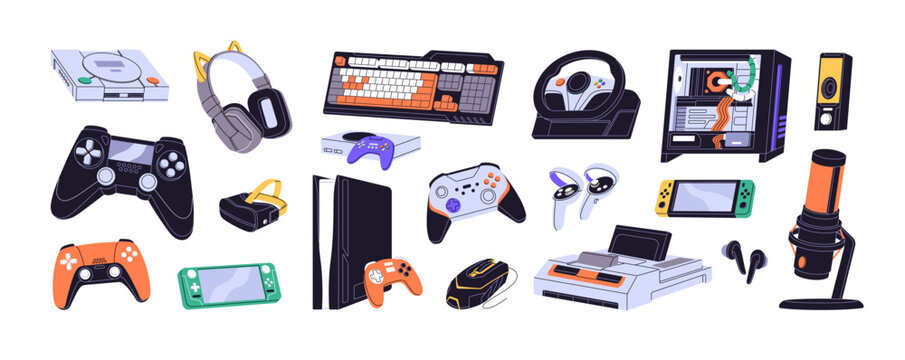 Videogame devices set. Remote control gadget: controller, joystick. Game console, computer, gamepad, headphone, vr. Gamer accessory, cybersport player toys. Flat isolated vector illustration on white