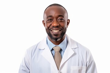 Wall Mural - smiling african american male doctor looking at camera isolated on white