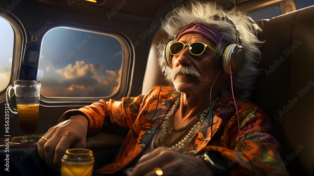 Retro Rocker. Vintage hippie with messy grey hair and moustache enjoys ...