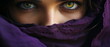 Close up portrait of young Woman muslim in purple burqa with hidden face. female purple eyes and face covered. Oriental girl in burqa. Straight look, expressive eyes, close-up portrait. Generative ai