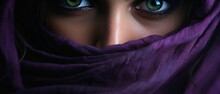 Close Up Portrait Of Young Woman Muslim In Purple Burqa With Hidden Face. Female Purple Eyes And Face Covered. Oriental Girl In Burqa. Straight Look, Expressive Eyes, Close-up Portrait. Generative Ai