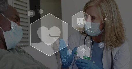 Poster - Animation of digital icons data processing over caucasian female doctor in face mask vaccinating