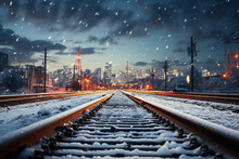 Generative AI Image Of Railway Tracks With City View During Snowfall At Night
