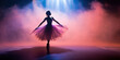 © tashechka - Silhouette of a young ballerina in a haze illuminated by blue and pink light