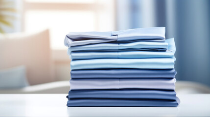 Folded clothes in stacks of various simple blue placed on a table on a light background