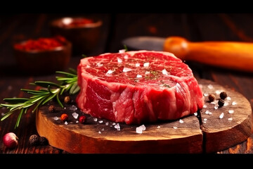 Wall Mural - fresh raw beef steak on wooden plate on rustic background